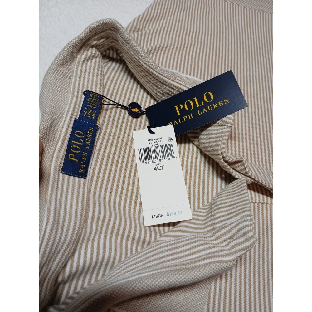 NWT Polo Ralph Lauren Shirt Mens 4LT Big & Tall Beige White Stretch Stripe Polo